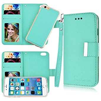 iPhone 6 Plus Case, iPhone 6S Plus Case, SmartLegend Wallet Case 2 in 1 PU Leather Folio Shell Magnetic Detachable TPU Inner Back Cover with Card Slots & Wrist Strap for iPhone 6/6S Plus 5.5"(Green)