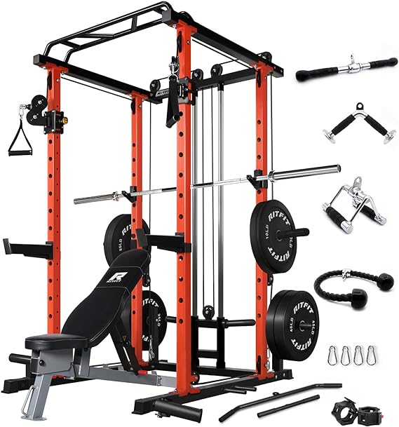 RitFit Garage & Home Gym Package Includes 1000LBS Power Cage with Optional LAT Pull Down or Cable Crossover System, Weight Bench, Weight Plates Set with Olympic Barbell