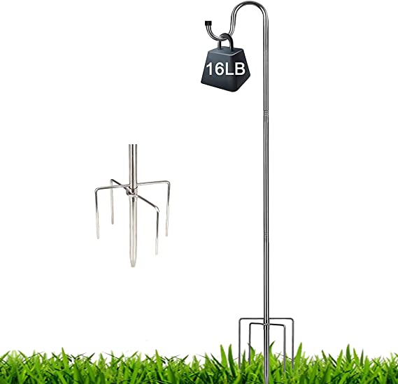 Harrms Shepherd Hook-Bird Feeder Pole 62 inch-Heavy Duty 5/8 Inch Thick 5 Prong Metal Hanger Hook for Hanging Plant Baskets, Solar Lights, Lanterns, Silver