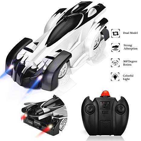 Lenbest Remote Control Car, Rechargeable Wall Climbing Car with Remote Control - Dual Modes 360°Rotation Stunt Zero Gravity Kids’ Toys , Head and Rear LED Lights, Intelligent Glowing USB Cable (Black)