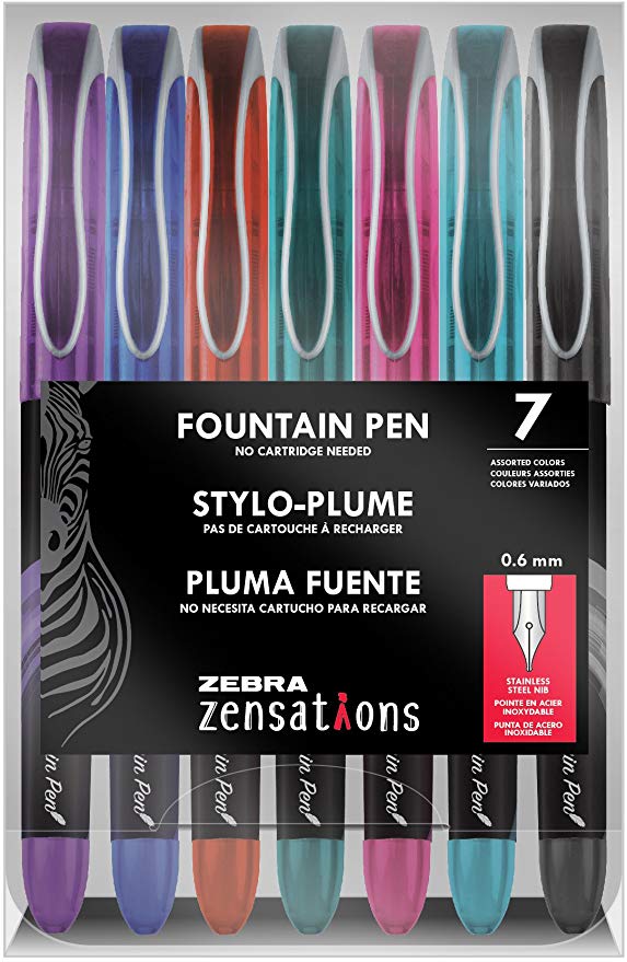 Zebra Pen Zensations Fountain Pen, Fine Point, 0.6mm, Assorted Colors, Non-Toxic Ink, 7 Pack