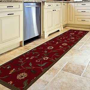 Machine Washable Floral Leaves Design Non-Slip Rubberback 2x7 Traditional Runner Rug for Hallway, Kitchen, Bedroom, Living Room, 1'10" x 7', Red