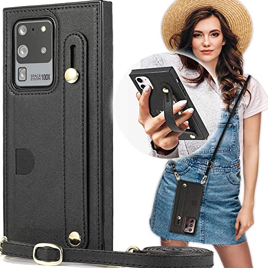 Galaxy S20 Case with Hand Strap,Crossbody Case for Samsung Galaxy S20 Women/Men,Kecko Slim Protective Leather Wallet Case with Card Slot&Lanyard Wristband Kickstand Anti-Lost Finger Grip Holder Case