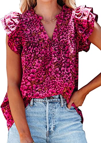 LOLONG Womens V Neck Ruffle Short Sleeve Tops Summer Boho Floral Blouses Dressy Casual Shirts