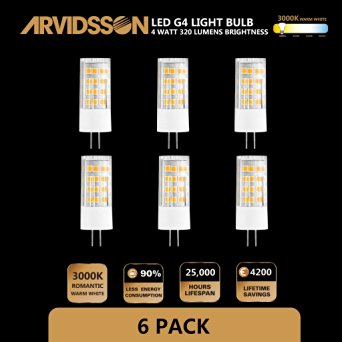 ARVIDSSON G4 LED Bulb 40W Halogen Spotlight Equivalent, 3000K Warm White[Romantic Glow] Ceramic Heat-sink, High Transparency Clear Clean PC Cover, 360 Full Beam Angle, Hi Bright True Color SMD2835 Uses only 4W 320Lm LED G4 Light Bulbs 6-Pack
