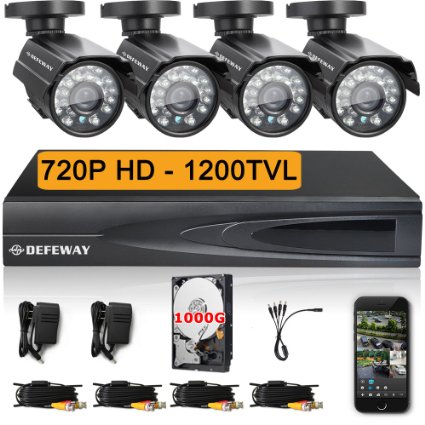 DEFEWAY 720P 4 CH 1 TB DVR HD Surveillance Camera System 4 Outdoor Bullet 720P Security Cameras - Quick Remote Access Setup Free App - 100ft30m Night Vision