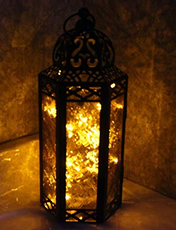 Amber Glass Moroccan Style Lantern with optional matching LED Fairy String Lights