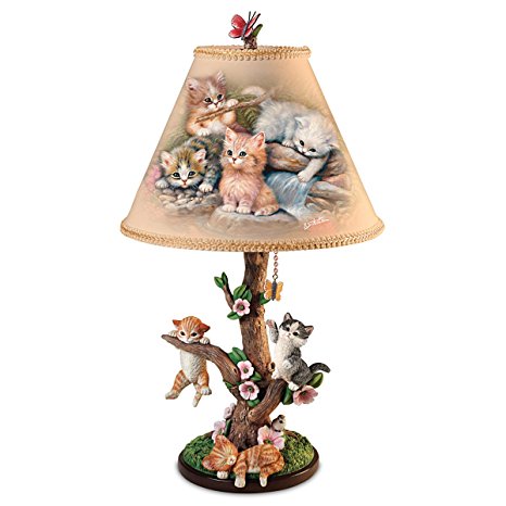 Country Kitties Lamp with Art by Jurgen Scholz! Sculpted Kitties Exploring the Outdoors with Butterfly Finial for Tabletop Lamp - By The Bradford Exchange