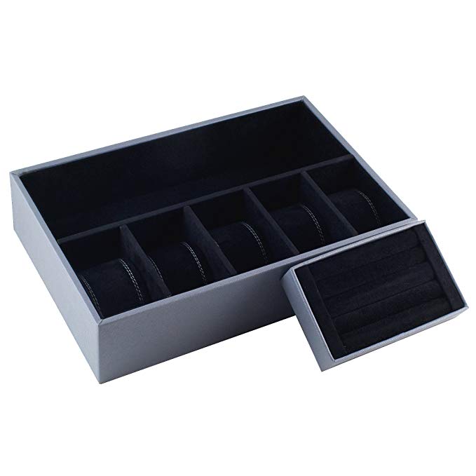 Caddy Bay Collection Grey Desktop Dresser Valet Tray Case Holds Watches, Rings, Jewelry, Keys, Cell Phones and Accessories