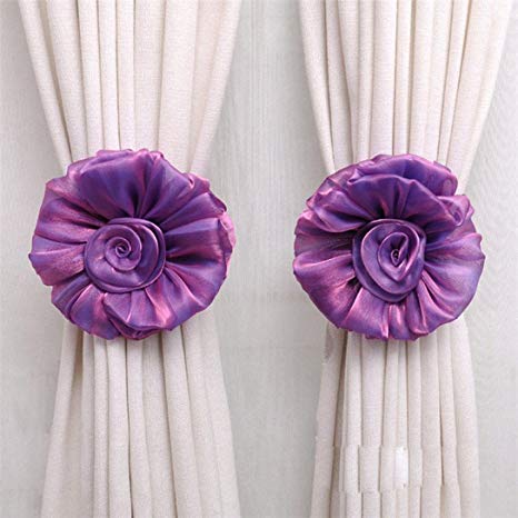 DZT19681 Pair Rose Flower Window Treatment Curtain Holdback Decor Tieback (Purple)