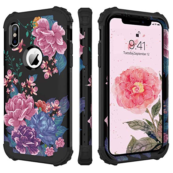 BENTOBEN iPhoneX Phone Case, iPhone Ten Floral Case, Flower Pattern 3 in 1 Hybrid Hard PC Soft Rubber Heavy Duty Rugged Bumper Full Body Protective Shockproof Case for Apple iPhone X/10, Black