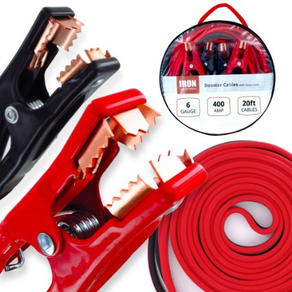 20 Foot Jumper Cables with Carry Bag - 6 Gauge 400 AMP Booster Cable Kit