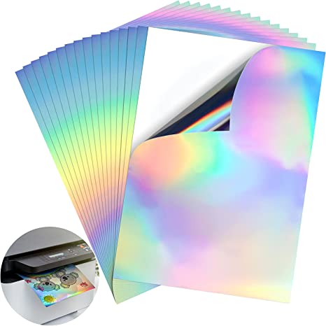 8.25 x 11.7 Inches A4 Holographic Printable Vinyl Sticker Paper Rainbow Vinyl Sticker Paper Waterproof Sticker Paper for Inkjet and Laser Printer (15 Sheets)