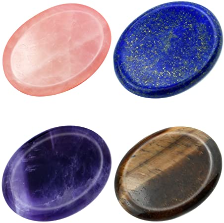 Marrywindix 4 Packs Natural Thumb Worry Stone Set Pink Crystal Amethyst Tiger Eye Lapis Lazuli for Anxiety Stress Relief Meditation Crystal Therapy