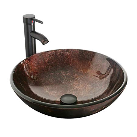 eclife 16.5" Bathroom Modern Artistic Vessel Sink Combo Modern Round Tempered Glass Basin Oil Rubbed Bronze 1.5 GPM Water Save Faucet Pop Up Drain A09 (Round Brown)