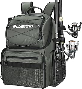 PLUSINNO Fishing Backpack with Rod Holders & Cooler, 45L Large Water-resistant Fishing Tackle Bag,Fishing Tackle Backpack