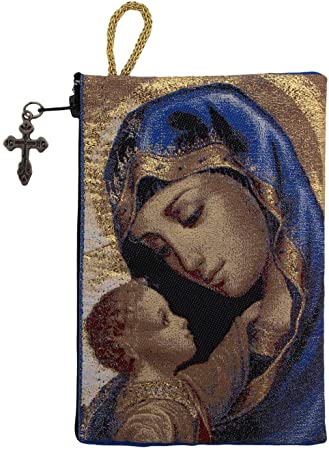 Intercession Hand-Woven, Lined Madonna and Child Rosary Pouch, Made in Turkey with Premium Metallic Thread (Blue - Small)