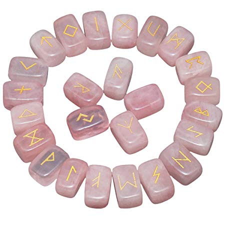 rockcloud Rose Quartz Rune Stones Tumbled Engraved Lettering Crystal Set for Wicca Crystals Healing Chakra Reiki