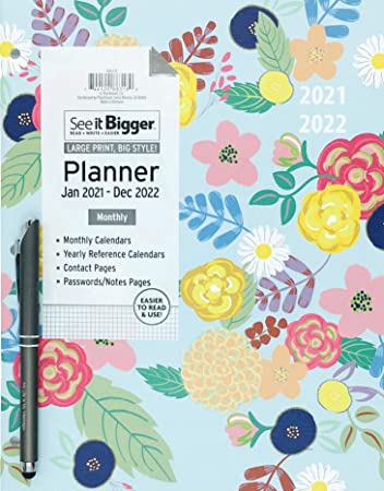 PlanAhead Home/Office 2-Year Monthly Planner, January 2021 - December 2022, 8.5 x 11 Inches and Ultima Stylus Inspirational Pen "My Life is My Message". (Flowers)