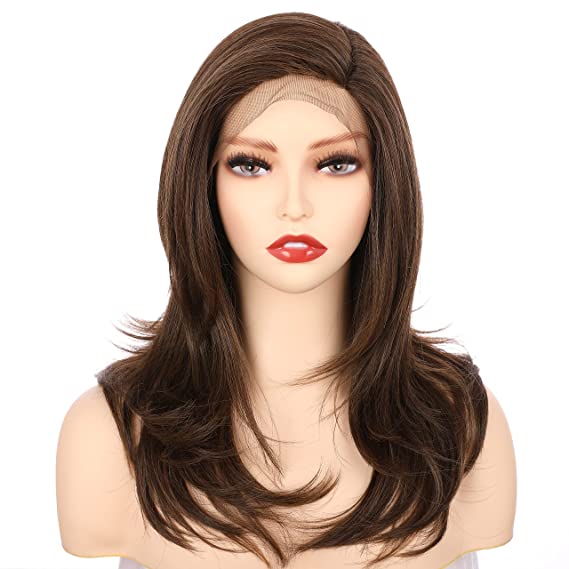 OneDor 18 Inch Kanekalon Futura Synthetic Hair 130% Density Straight Lace Front Side Part Long Wigs (Medium Brown Evenly Blended with Warm Medium Brown-RL6/8)