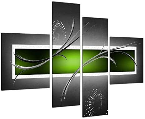 Large Lime Green and Grey Abstract Canvas Wall Art Pictures with Black and White - Big Modern Artwork - Set of 4 - Multi Panel Prints - XL - 160cm Wide