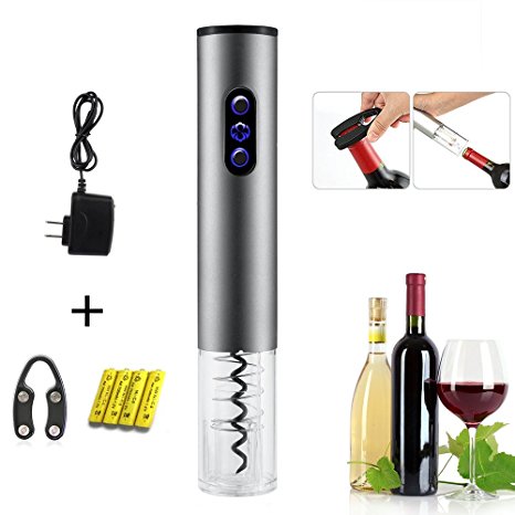 Cordless Automatic Wine Opener,Electric Wireless Bottle Opener with Free Foil Cutter, Aluminum Alloy in Silver