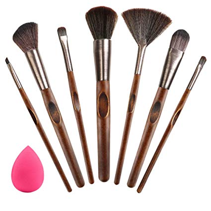 BAIMEI Makeup Brushes Premium Synthetic Kabuki Brush Eyeshadow Brush Set for Foundation Eyeliner Blush Contour，Wooden-Handle Cosmetics Brush kit with Makeup Sponge(7 1Pcs, bronze-colored)