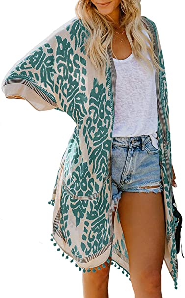 Dokotoo Womens Fashion Print Kimono Tassel Casual Cardigan Loose Cover up