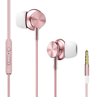 In-ear Headphones with In-line Microphone and Remote ROCK SPACE Y2 Bass Braided Cable Cell Phone Earphones with Mic Sport Earbuds for all 3.5 mm Audio Smartphones for Big Ear (Rose Gold)