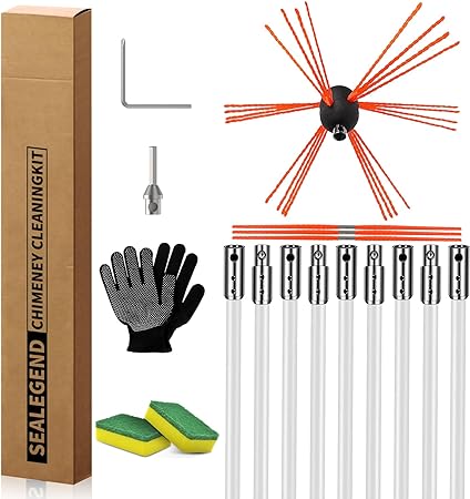 Sealegend 30 Feet Chimney Sweep Kit Chimney Brush Chimney Cleaning Kit and Rotary Chimney Cleaning System Fireplace Brush Tool with 9 Nylon Flexible Rods