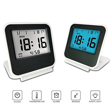 FlatLED Travel Alarm Clock, LCD Ultra-thin Clamshell 12/24 Hour with Temperature Date Week Repeating Snooze LCD Digital Screen Alarm Clock (White)