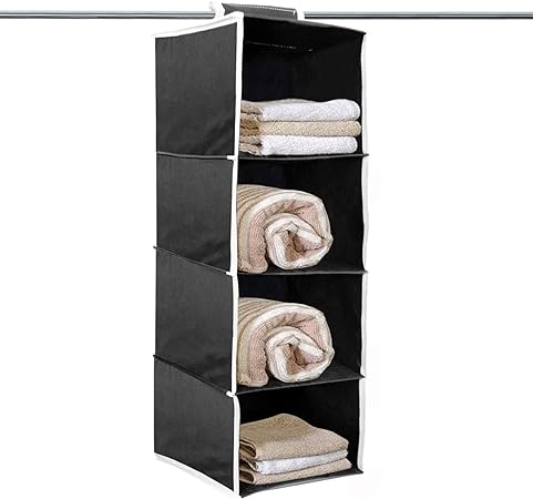 Kuber Industries 4 shelf Closet Organizer For Wardrobe|Non-woven Collapsible Wardrobe|Hanging Shelf For clothes|4 shelves Cloth Organizer (Black)