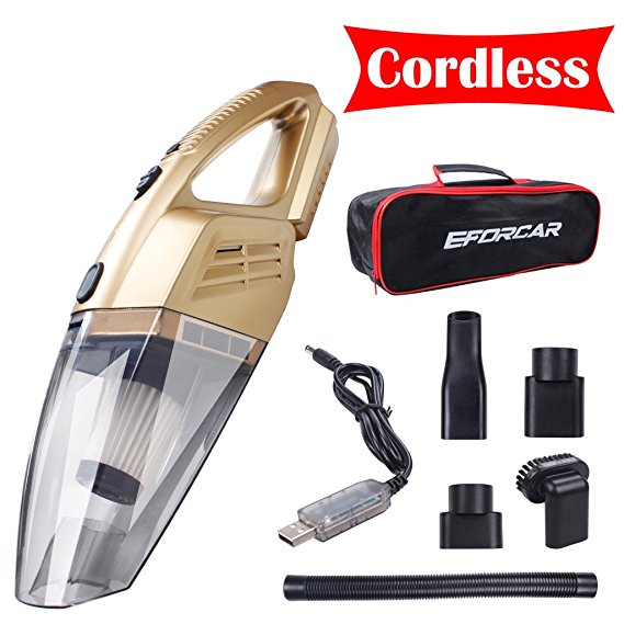 Car Vacuum Cleaner, EFORCAR Cordless Wet/Dry Vacuum Cleaner with 2200mAH Rechargeable Battery (Non Removable & Pre-installed),Carry Bag, 3KPA Powerful Suction Hand-held Vacuum Cleaner (12V 100W Gold)
