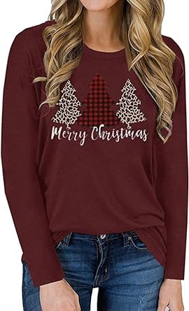 MIDOSOO Christmas Shirts for Women Long Sleeve Crewneck Cute Xmas Tops Casual Loose Fit Blouses