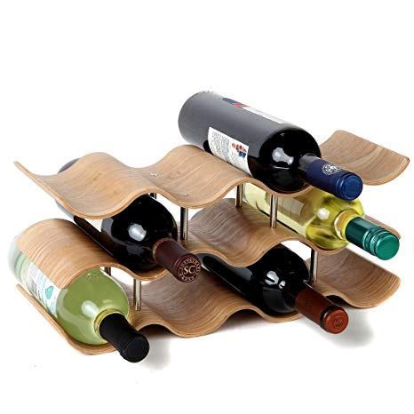 Lily's Home Countertop Wave Wine Rack, Wood, Elegant and Modern, Table Top Wine Storage (Oak, 11 Bottles)