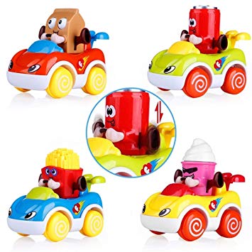 VATOS Toddler Toy Cars Set of 4 Friction Powered Cars, Cartoon Push and Go Car Baby Toy Play Set, Best Toys for 1 Year Old Boy Girl Gifts