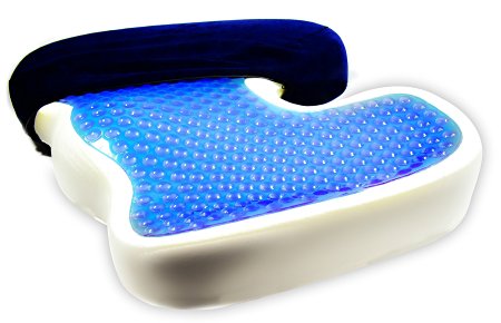 Bonmedico® Orthopaedic Seat Cushion with innovative pain reducing gel layer and memory foam core supports lower back, promotes healthy posture, alleviates sciatica, corrects lumbar alignment, and relieves pressure on the coccyx (tailbone), suitable for travel, car, office, and wheelchair use, available in blue or black