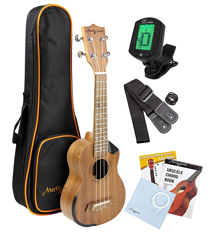 Martin Smith Sapele Wood Concert Ukulele Starter Kit with Aqulia Strings – Includes online lessons, tuner, bag, strap and spare strings.
