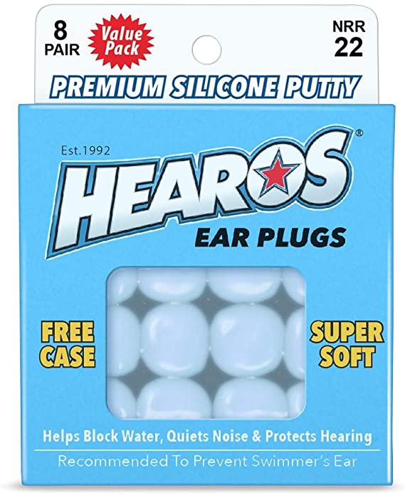 HEAROS Reusable Swimming Ear Plugs for Adults - One Size Fits All Mouldable Silicone Putty for Lasting Comfort; Waterproof Earplugs to Prevent Swimmers Ear, 8 Pairs with Case NRR 22 Hearing Protection