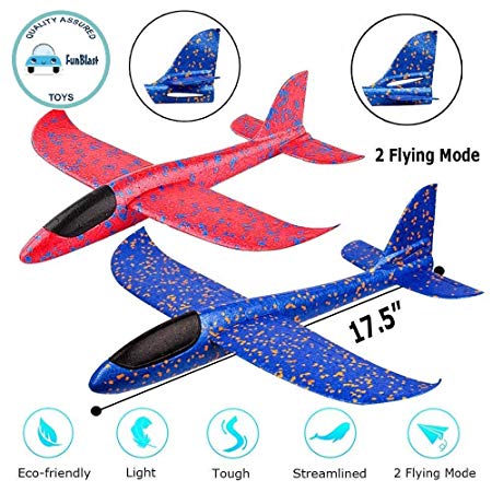 FunBlast Airplane Toy Set of 2 - 17.5" Large Throwing Foam Plane, Dual Flight Mode, Aeroplane Gliders, Flying Aircraft, Gifts for Kids, 3 4 5 6 7 Year Old Boy|Girls. (Random Colour Dispatch)