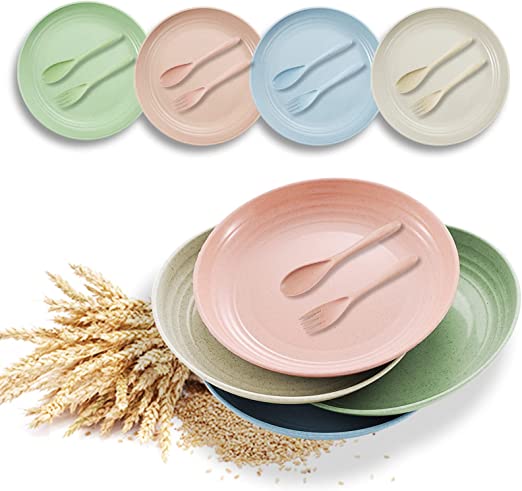 Dinner Plates, Jeslon Set of 4 Camping Plates, Fork and Spoon, Unbreakable Salad Plates Dessert Plates, Breakfast Plates Dinner Plates Party Plates Dishwasher and Microwave Safety