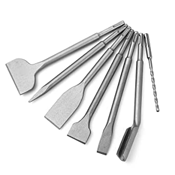 7 Pcs SDS Plus Chisel Set for Grooving Tile Flat Scraping Point Scaling Chisels,Hammer Drill Bits Tool Set for Tile Masonry Concrete Brick Stone Work