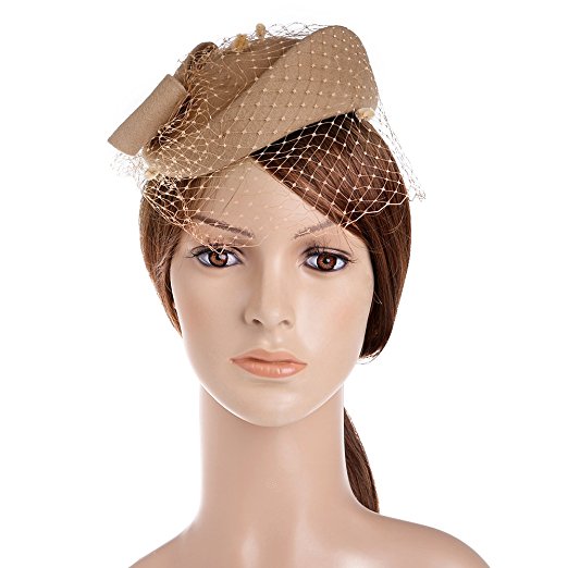 VBIGER Women Fascinator Hats Derby Wedding Hats Vintage Hat Pillbox Hat Woollen Felt Hat Bow Veil Party Hat For Women