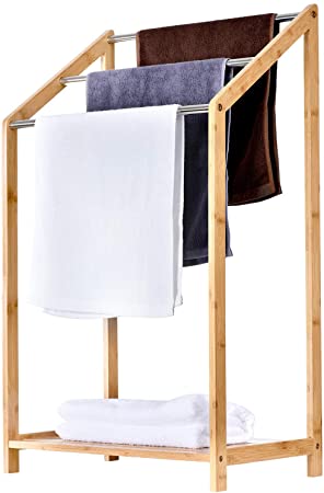 ToiletTree Products Bamboo Towel Rack Holder for Bathrooms (3 Tier) - Freestanding Beach Towel & Poolside Rack with Bottom Storage Shelf – Organizer for Bath, Hand Towel, Wash Cloths