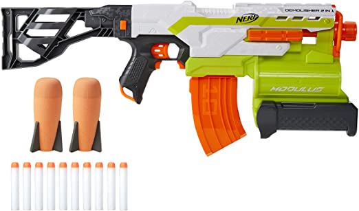 Nerf Modulus Demolisher 2-in-1 Motorized Blaster, Fires Darts and Rockets, Includes 10 Nerf Elite Darts, Banana Clip, 2 Nerf Rockets, Stock (Amazon Exclusive)