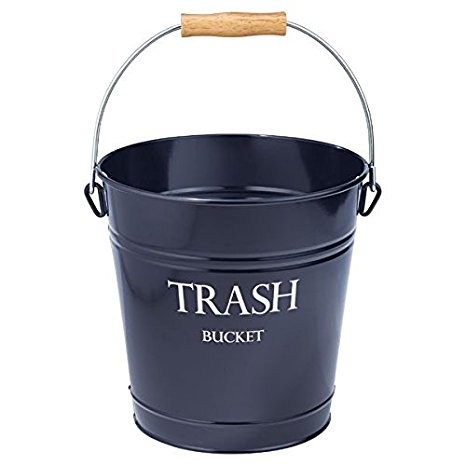 mDesign Pail Round Small Trash Can Wastebasket, Garbage Container Bin for Bathrooms, Kitchens, Home Offices - Farmhouse Decor - Durable Steel, Painted Navy Blue/White Lettering, with Natural Wood Grip