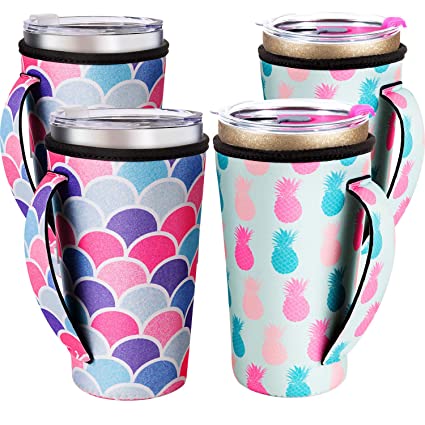 4 Pieces Reusable Coffee Cup Sleeve Neoprene Cup Insulator Sleeve Cup Cover Insulated Sleeves Drinks Sleeve Holder for 30 oz Cold Hot Beverages, 2 Styles