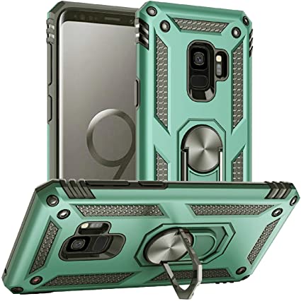 Pegoo Galaxy S9 Case, Shockprooof Impact Resistant Hybrid Heavy Duty Dual Layer Armor Hard Plastic and Soft TPU with a Kickstand Bumper Protective Cover Case for Galaxy S9 (Dark Green)