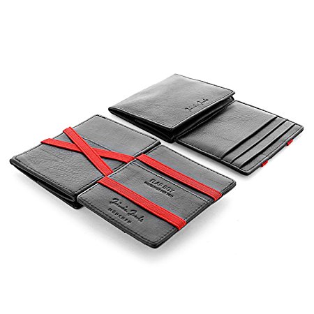 Jaimie Jacobs Men Magic Wallet with Coin Pocket and RFID Protection "Flap Boy" - The Original - Genuine Leather (Black with red)
