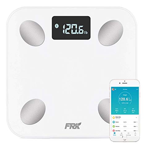 Bluetooth Body Fat Scale, FRK Smart Wireless Digital Bathroom Weight Scale Apple Health and Google Fit， Body Composition Analyzer for Body Weight, Bmi, Body Fat, Muscle Mass,Water, White